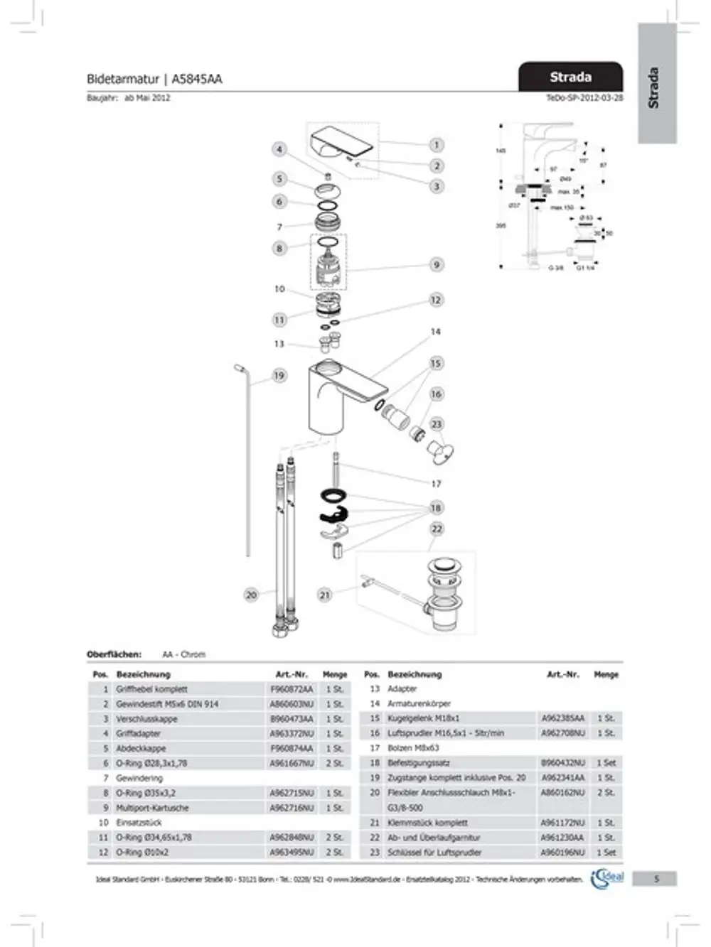 Schematische Darstellung eines Bidetarmatur-Bausatzes von Ideal Standard, mit nummerierten Einzelteilen und deren Bezeichnungen zur Identifikation und Montage.